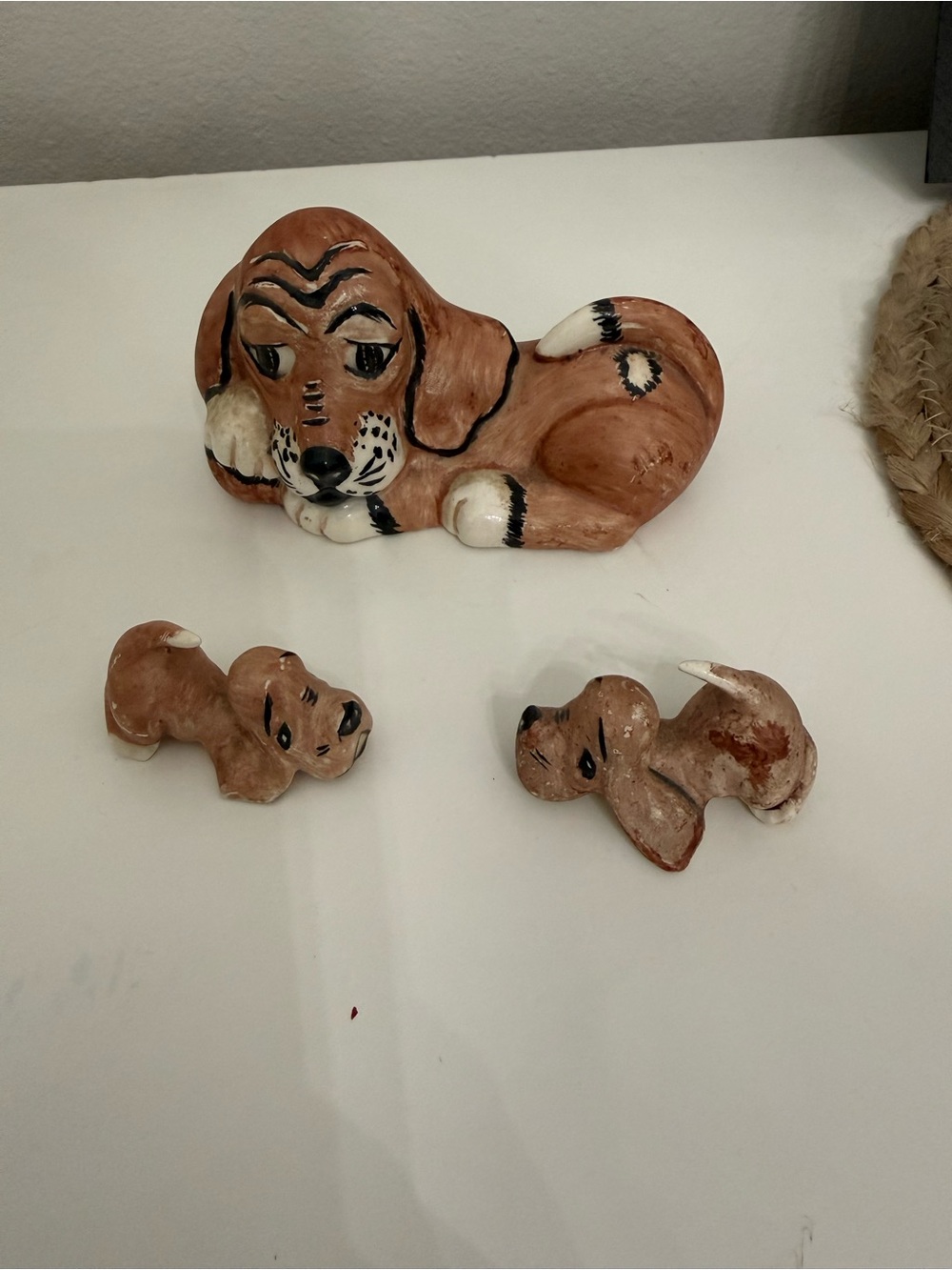 Vintage Ceramic Hound Dog Figurine Set Mom & 2 Puppies Hand Painted Japan